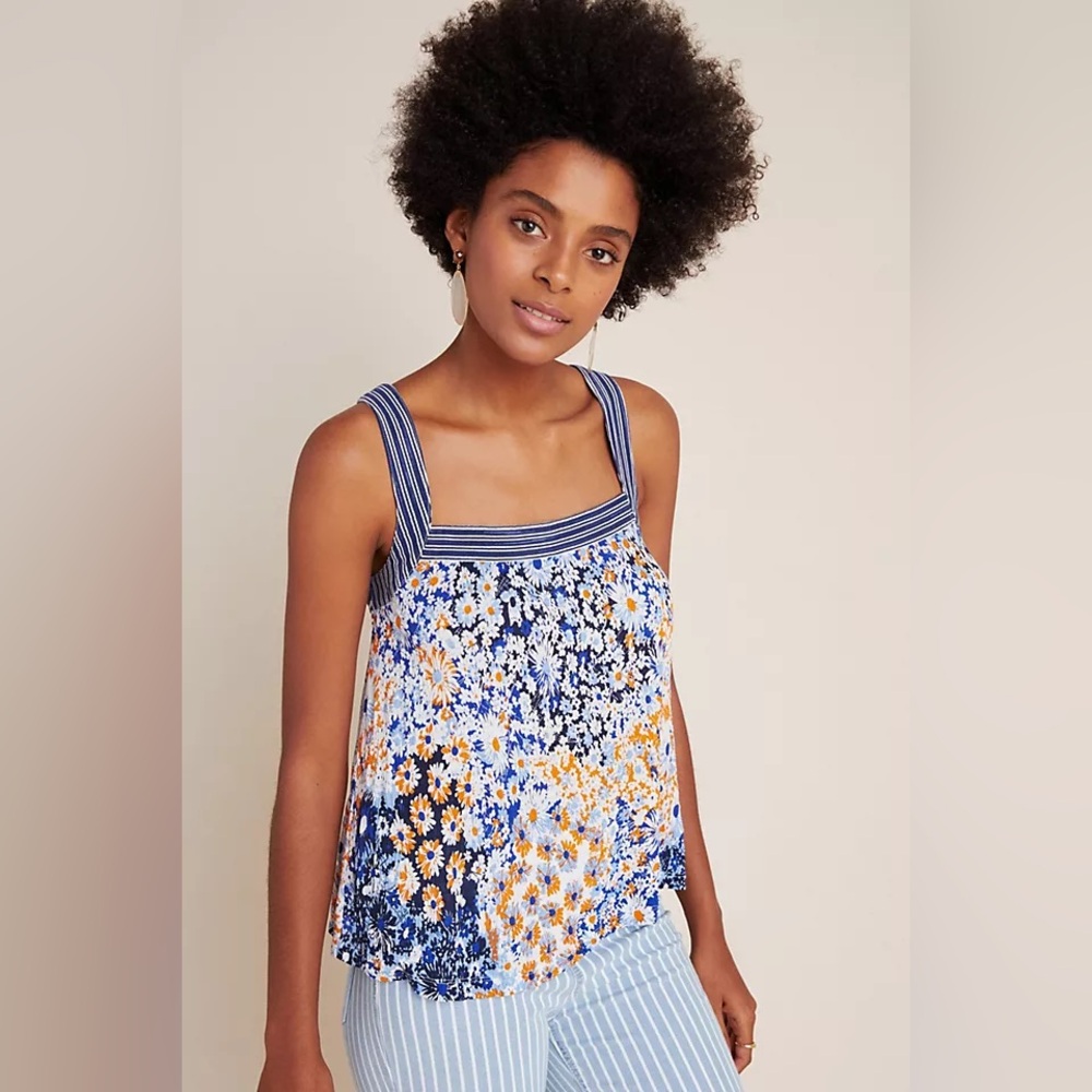 Anthropologie Blue and Gray Pleated Crop Tank Top